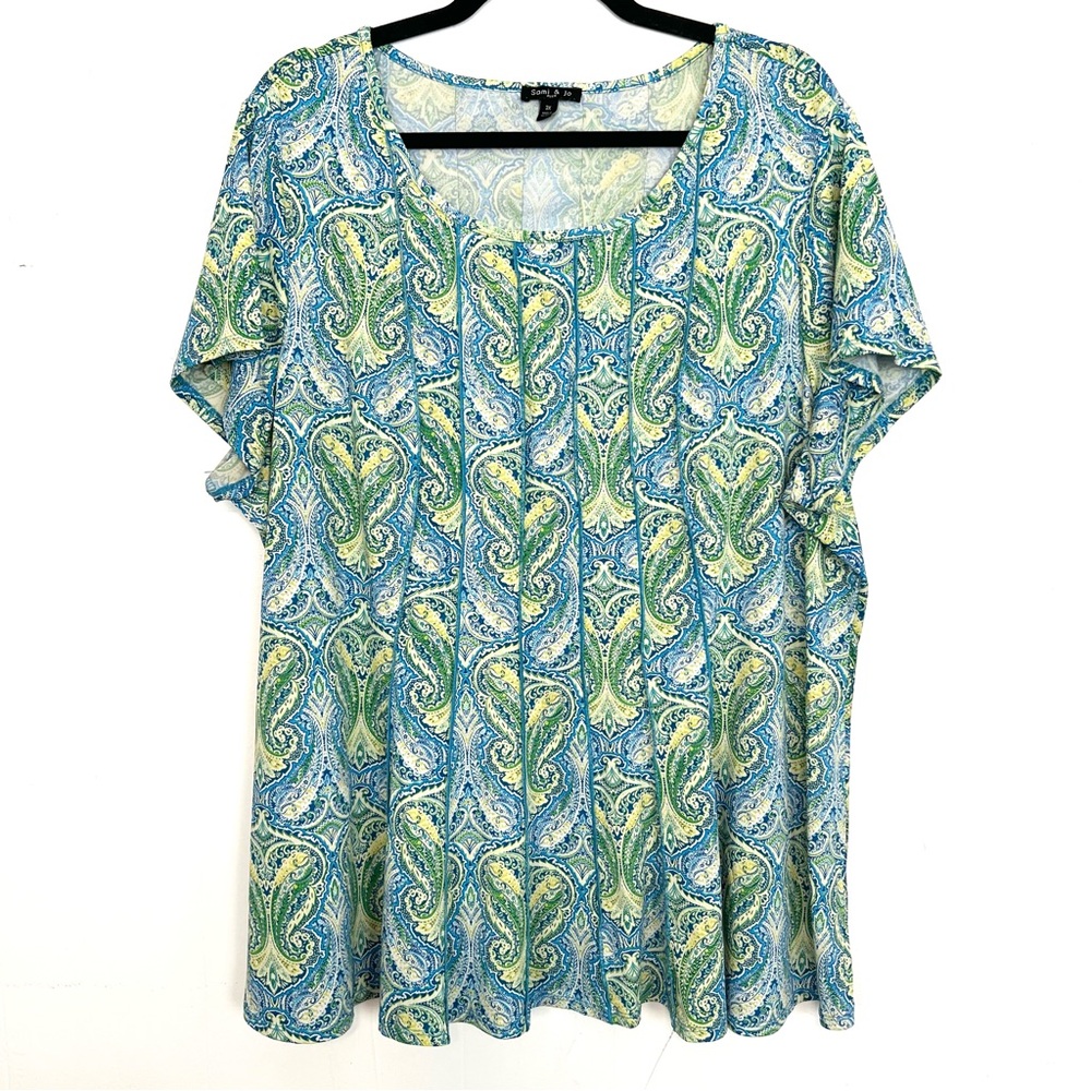Sami&Jo Yellow Blue Green Paisley Seamed Stretch Knit Short Sleeve Top 3X mc